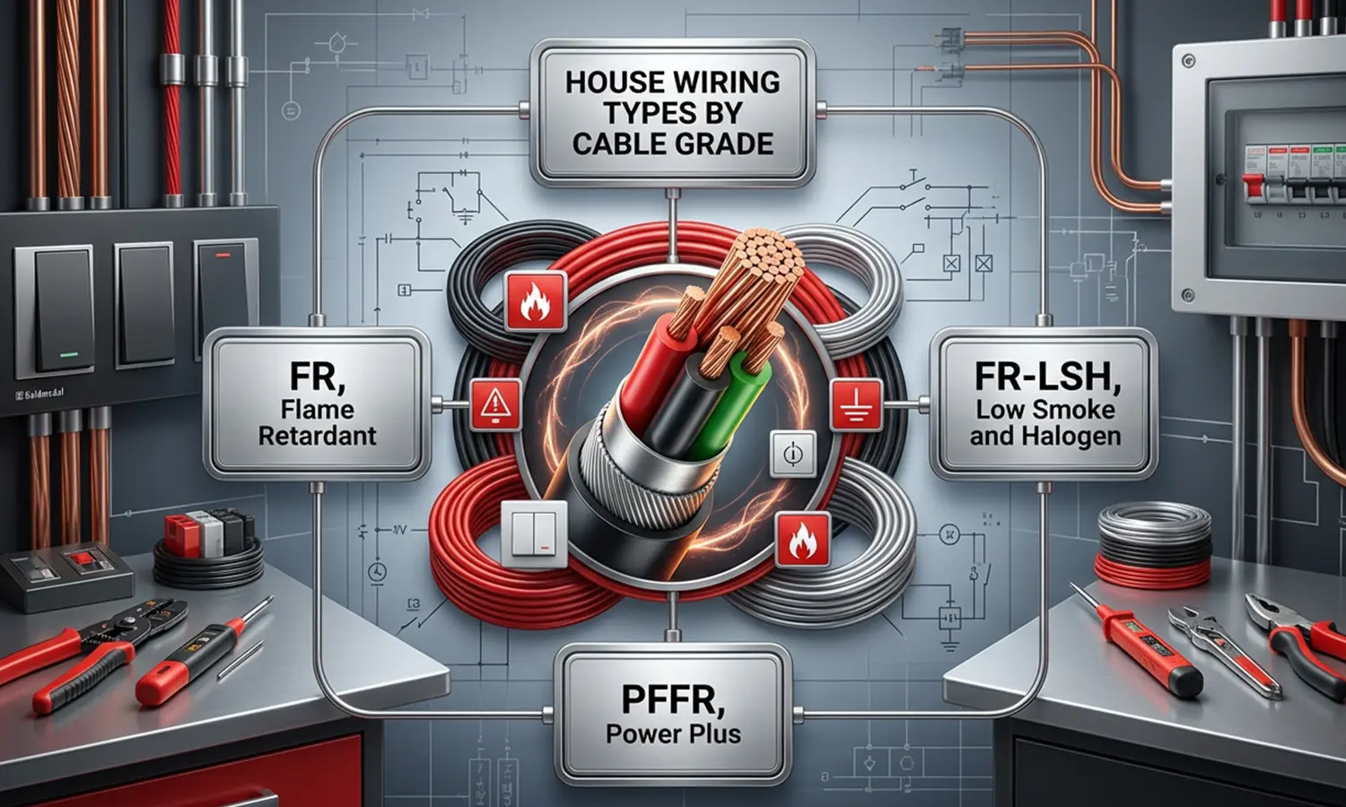 House Wiring Types by Cable Grade FR, Flame Retardant FR-LSH, Low Smoke and Halogen PFFR, Power Plus
