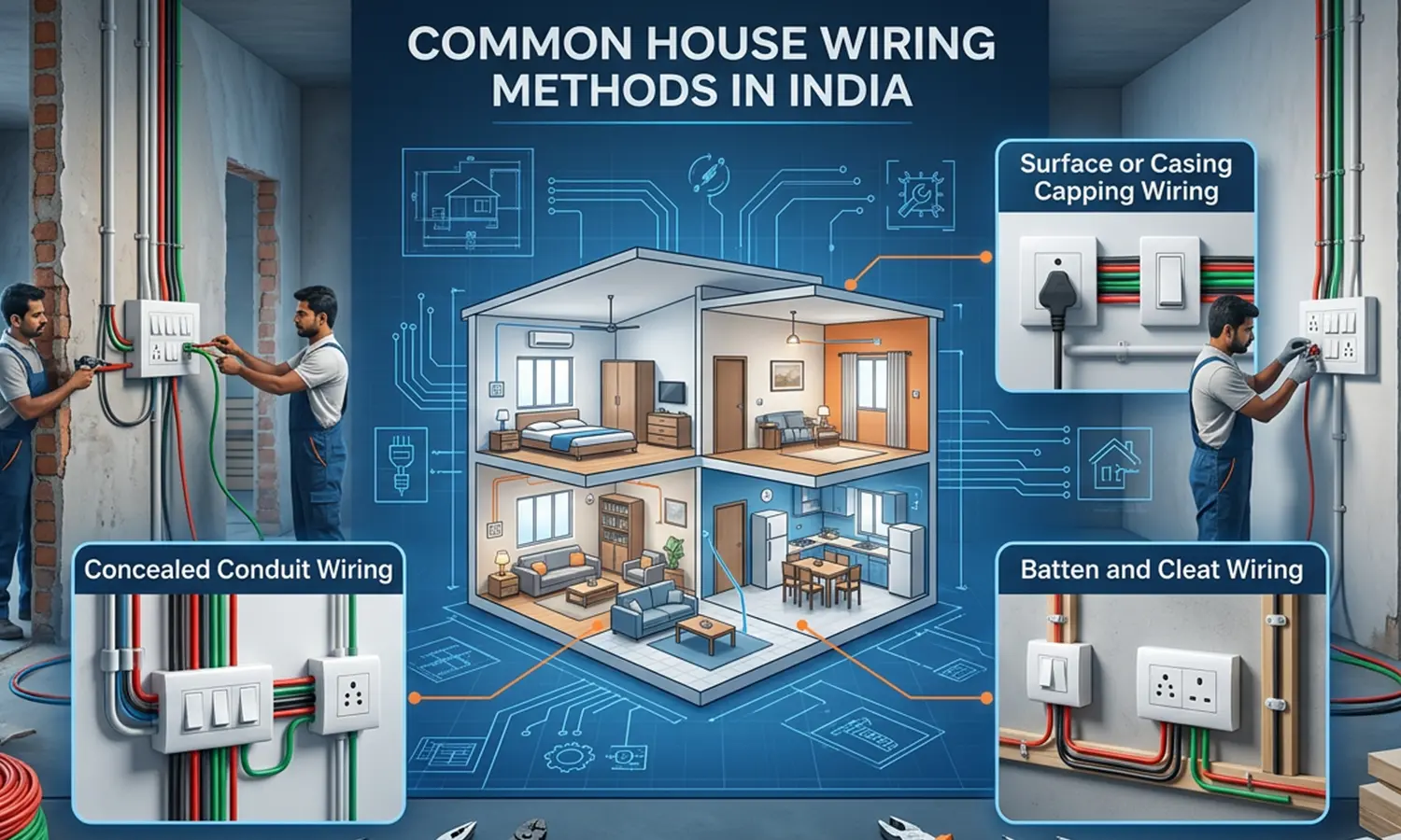 Common House Wiring Methods in India Concealed Conduit Wiring Surface or Casing Capping Wiring Batten and Cleat Wiring