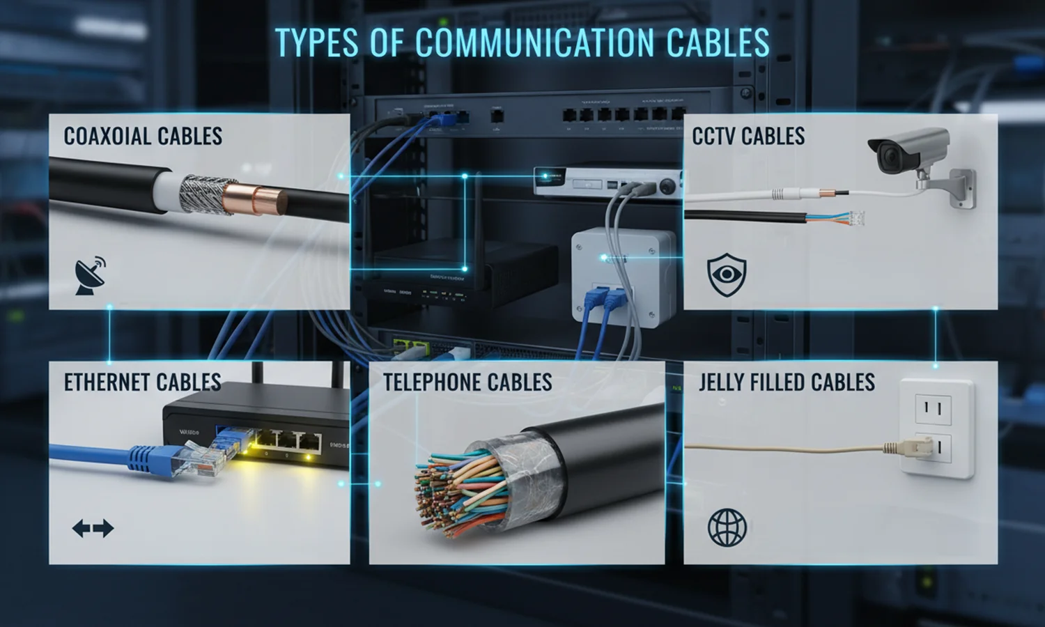 Types of communication cables: coaxial, ethernet, telephone, CCTV and jelly filled cables